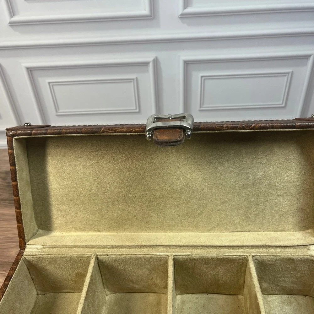 Watch Box Brown Faux Croc Embossed 4-Slot Travel Accessory Case Organizer